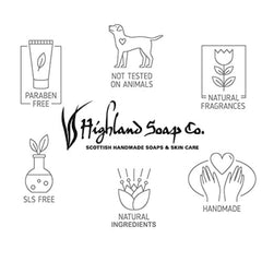 The Highland Soap Co hand wash foaming on hands highlighting gentle cleansing