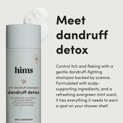 Hims Dandruff Detox shampoo label showing 1% zinc and nourishing oils.