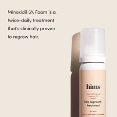 Hims Hair Regrowth Treatment foam-application highlights non-greasy, quick-absorbing formula.