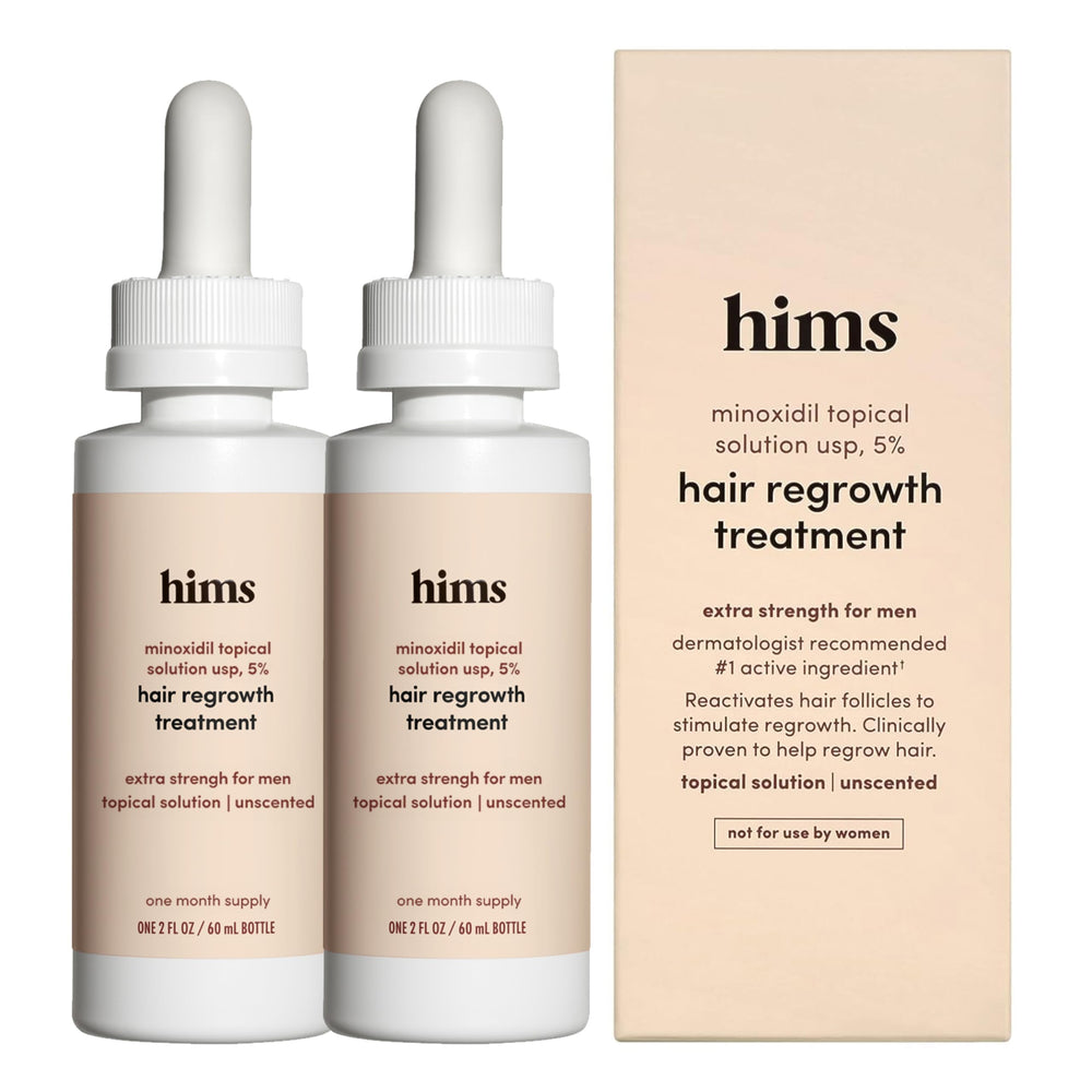 Hims & Hers Hair Regrowth Treatment bottle shows 5% minoxidil for daily use.