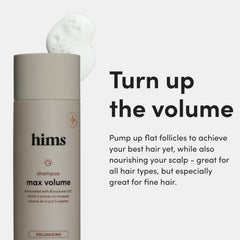 Hims & Hers Max Volume Shampoo label close-up with biotin and caffeine