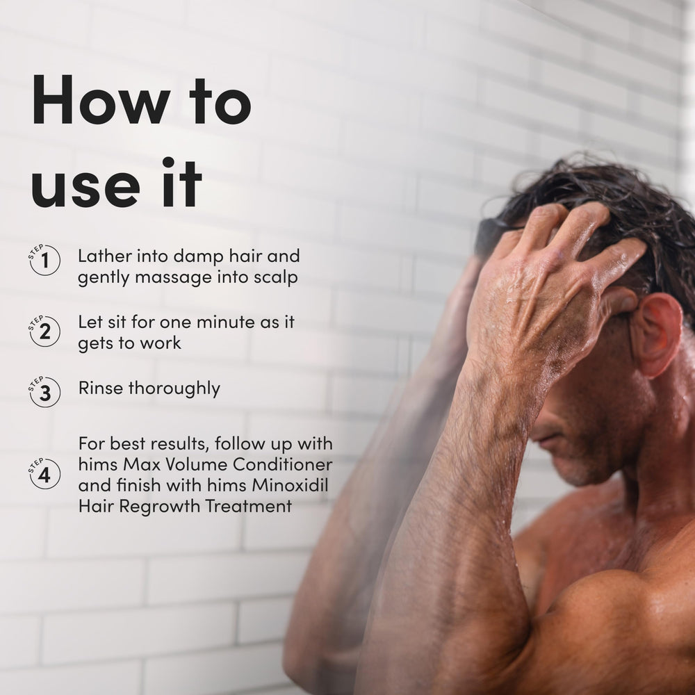 Hims & Hers Max Volume Shampoo on sink with clean scalp context