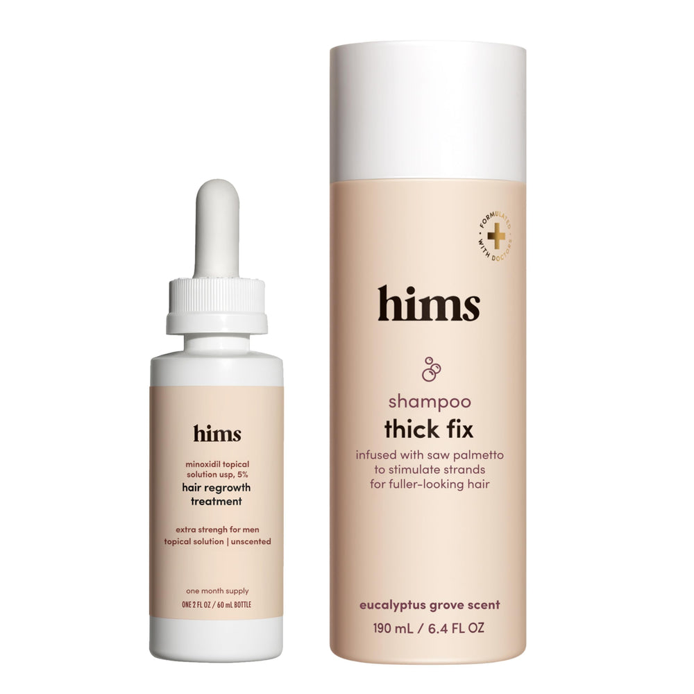 Hims & Hers Thick Fix shampoo bottle promotes fuller-looking hair and scalp care.