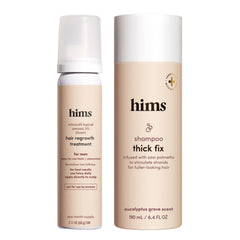 Hims & Hers Thick Fix Shampoo bottle promotes fuller-looking hair with a refreshing scent.