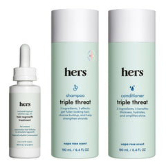 Hims & Hers triple threat shampoo bottle showing color-safe daily cleansing
