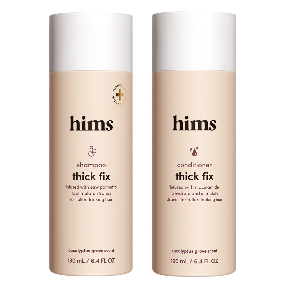 Hims Thick Fix shampoo bottle front with eucalyptus scent for refreshed scalp cleansing.