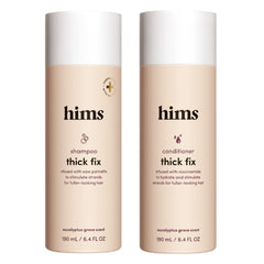 Hims Thick Fix shampoo bottle front with eucalyptus scent for refreshed scalp cleansing.