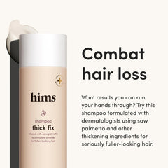 Hims Thick Fix Shampoo label closeup shows saw palmetto and vegan formula.