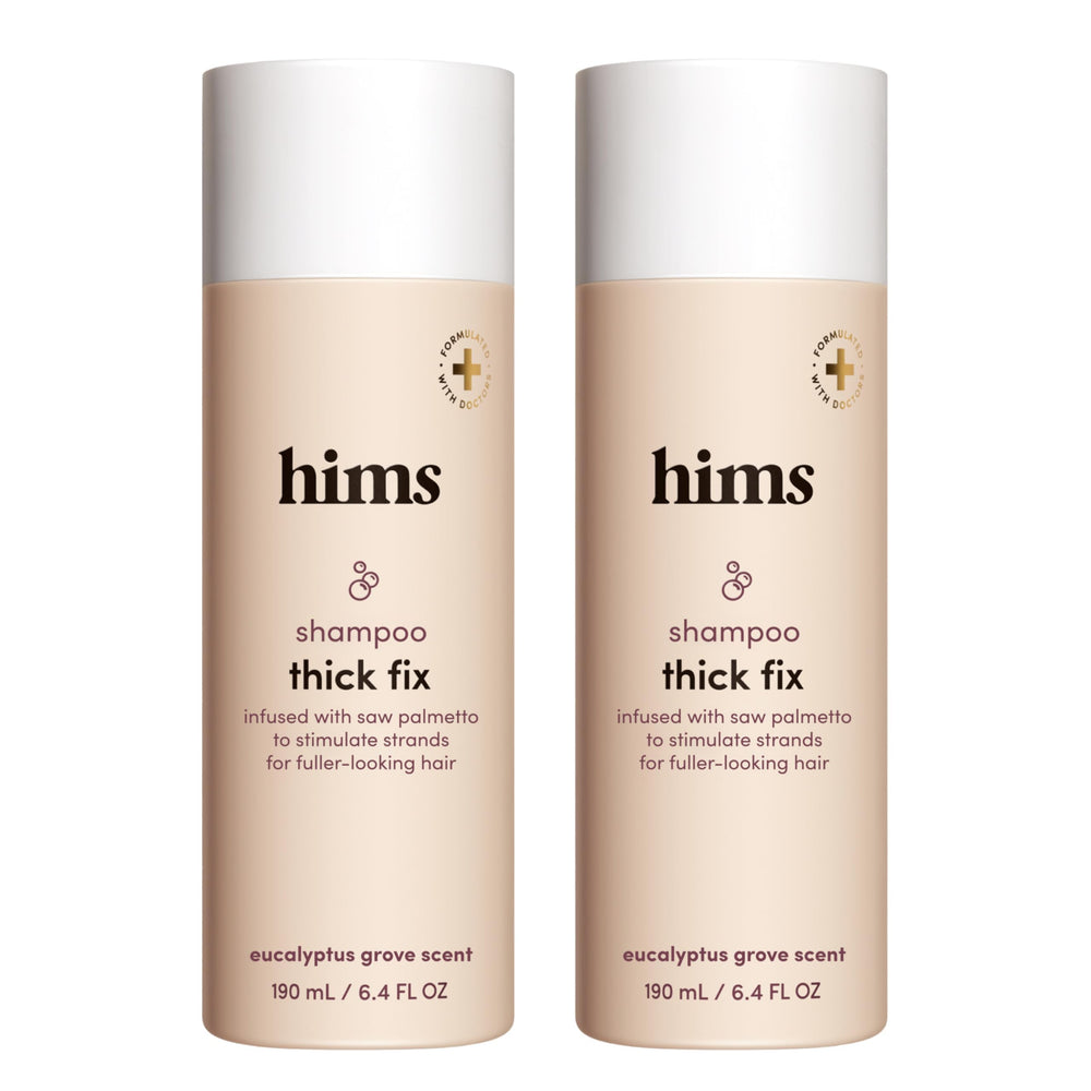 Hims Thick Fix Shampoo bottle with saw palmetto for clean scalp and fuller-looking hair.