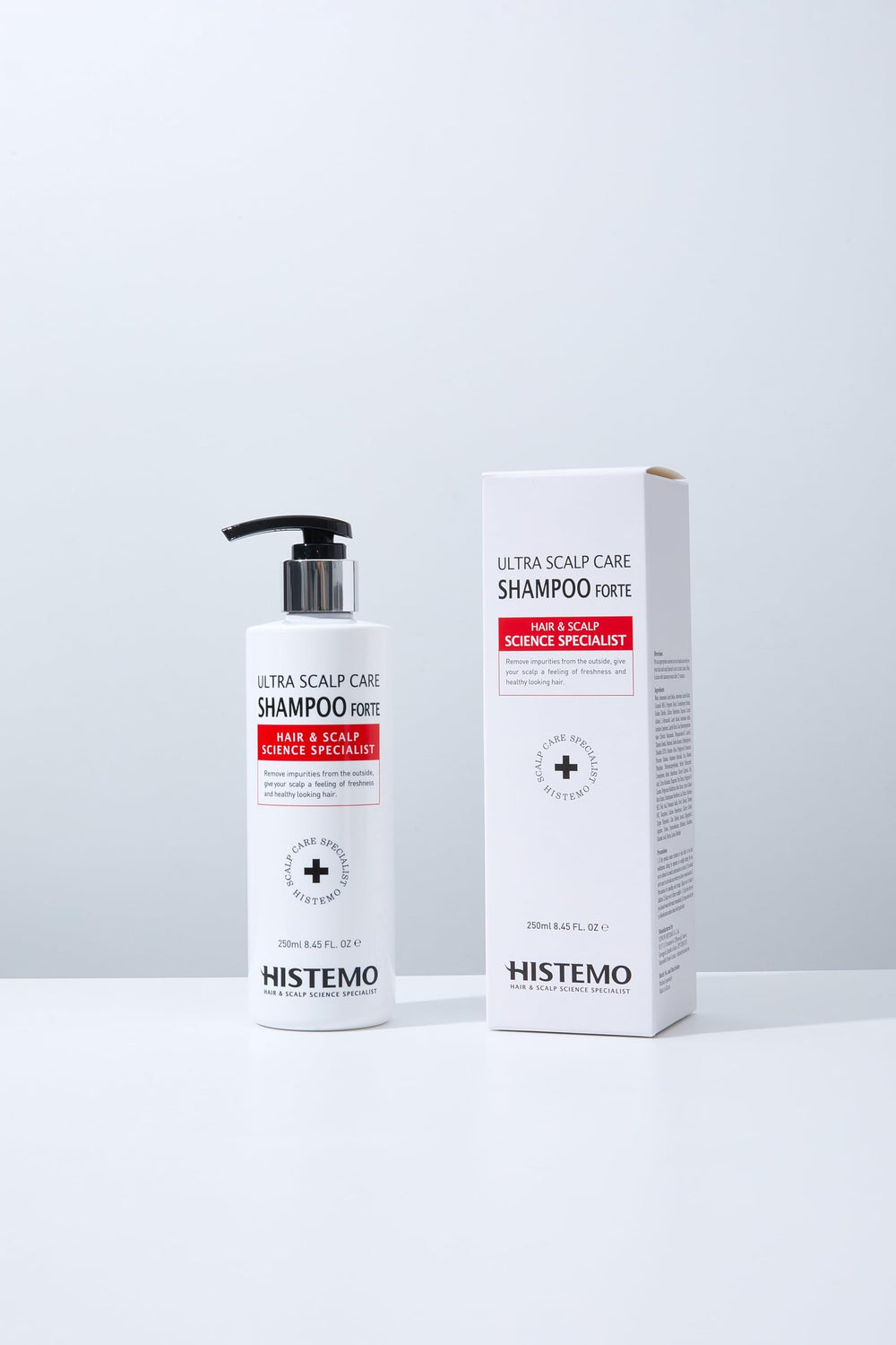Histemo Ultra Scalp Care Shampoo label close-up highlighting Biotin and plant-based ingredients for hair vitality.