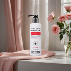 Histemo Ultra Scalp Care Shampoo being massaged into damp hair, ideal for oily or color-treated scalps.