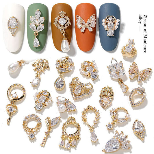 HNUIX gold copper zircon 3D nail charms close-up for sparkling nails