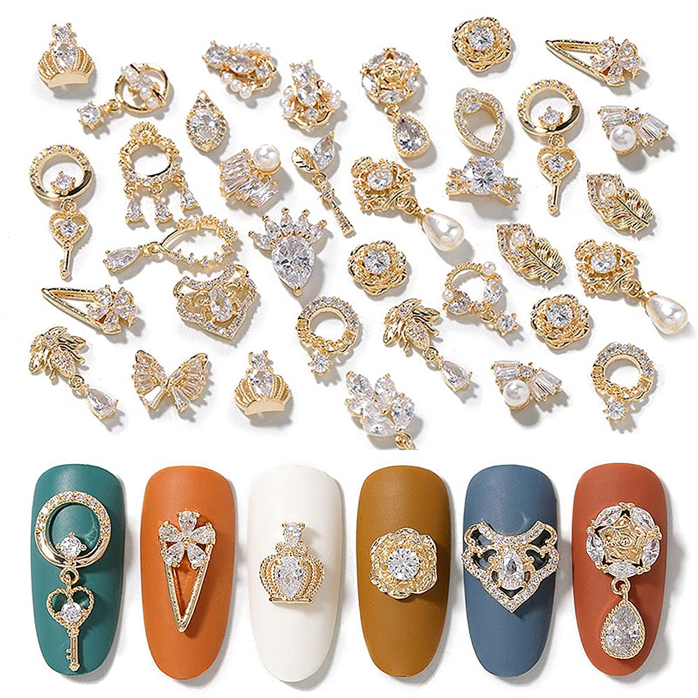 HNUIX 24pc zircon charms in gold and copper tones for nail art