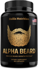Hollis Nutrition Alpha Beard bottle front supports healthy beard and hair routine.