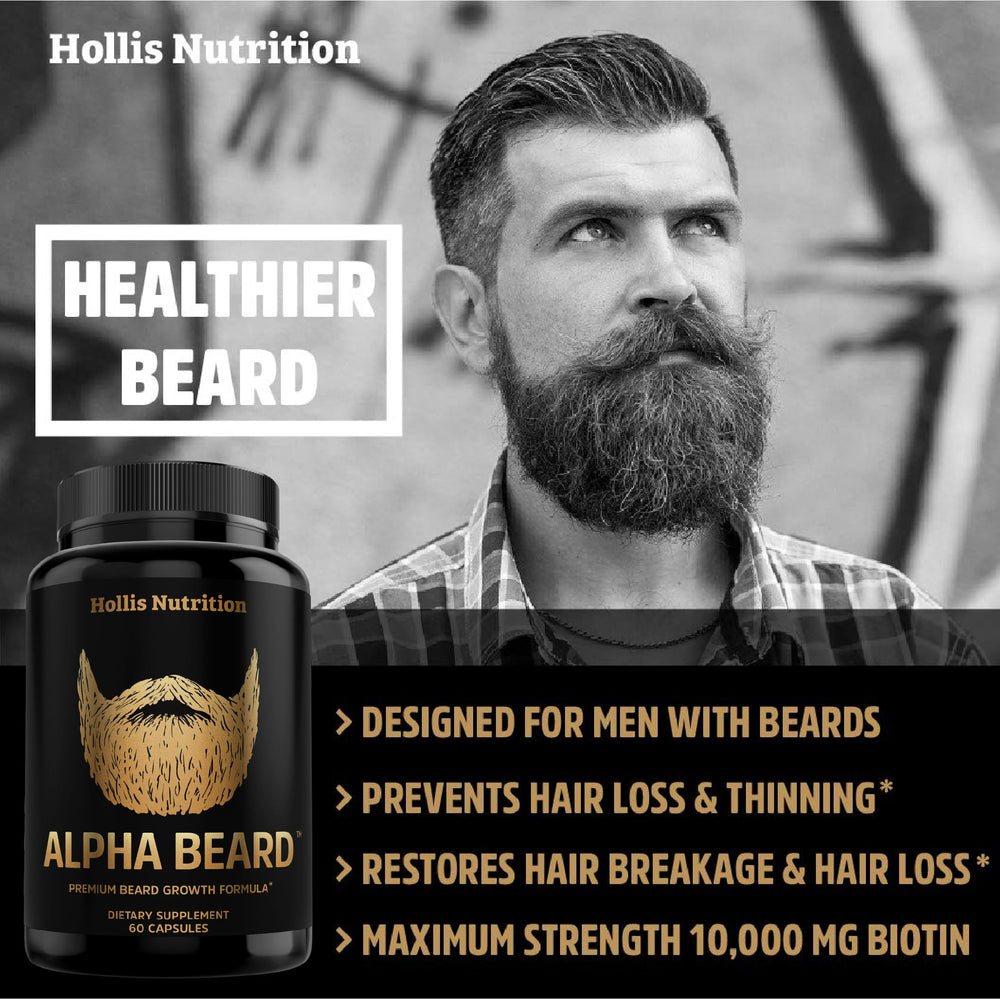 Hollis Nutrition Alpha Beard ingredients table showcases nourishing nutrients.