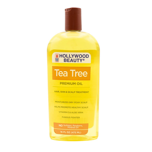 Hollywood Beauty Tea Tree Oil bottle cap close-up supports scalp care.