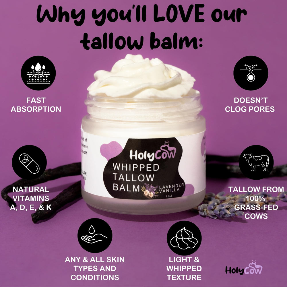 HolyCow beef tallow balm ingredients with organic jojoba oil for gentle moisture.