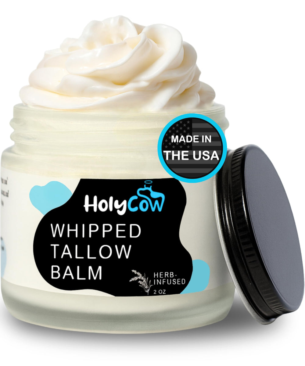 HolyCow whipped tallow balm jar shows rich texture for deep hydration