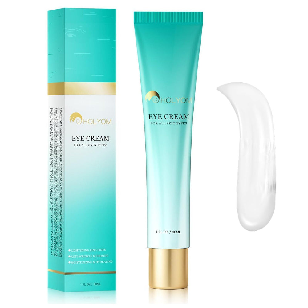 HOLYOM eye cream packaging display highlights premium vegan formula.