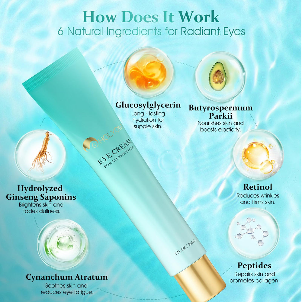 HOLYOM eye cream texture close-up shows smooth, fast-absorbing formula.