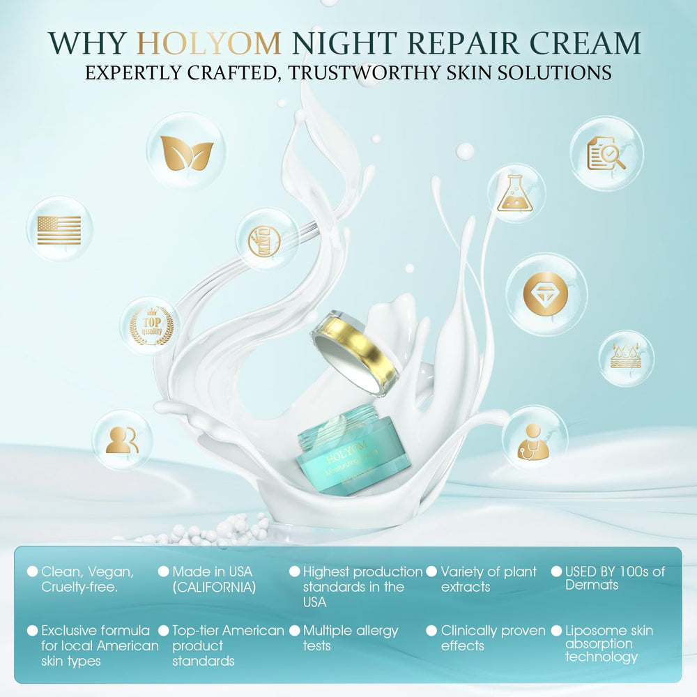 HOLYOM Restorative Night Cream in hand, ready for nightly application.