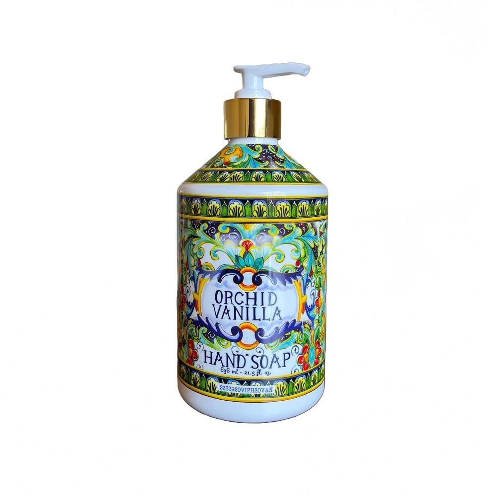 Home and Body Company Villa Flora hand soap set sits on sink for guest welcome.