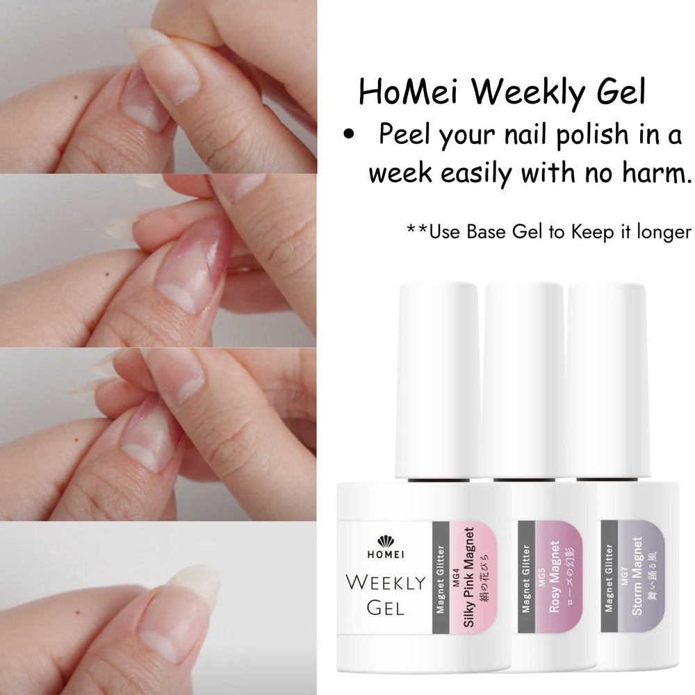 HoMei Weekly Gel no-base-top-coat shot emphasizes one-step application