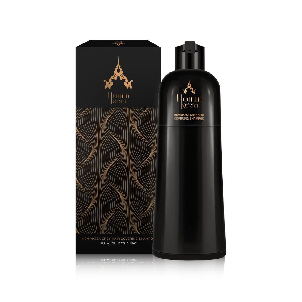 Hommkesa Grey Hair Covering Shampoo bottle reveals instant coverage and natural color.