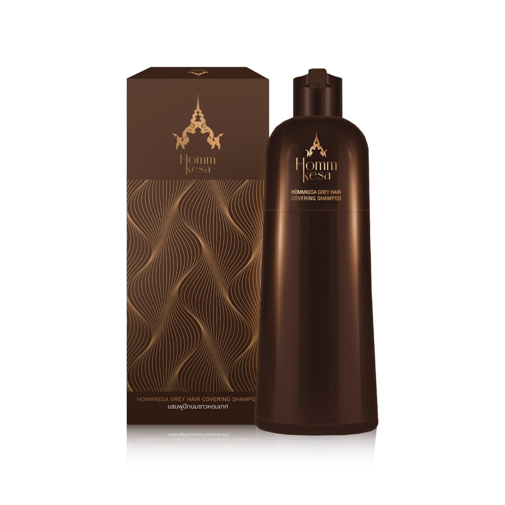 Hommkesa grey hair covering shampoo bottle shows quick color coverage.