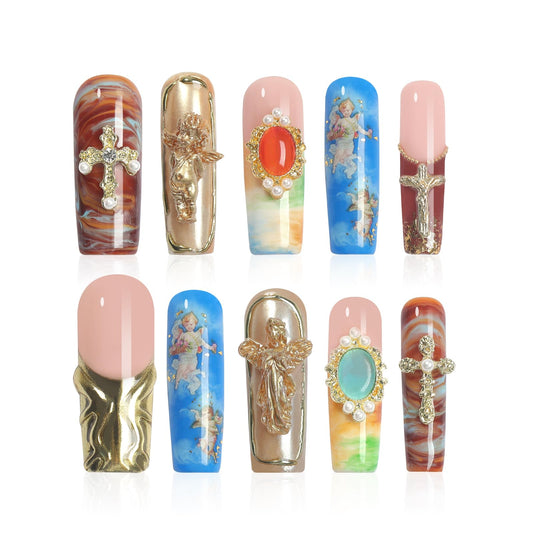 Homsera Cherub Cloud press-on nails with a luminous base for a graceful ceremony look.