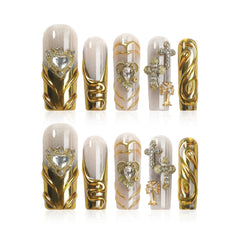 Homsera handmade XL press-on nails with magic mirror gold French tips for glamorous at-home manicures.