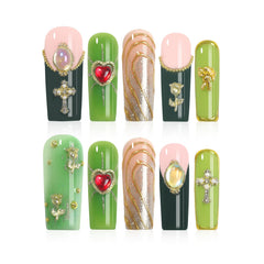 Homsera handmade nails long square with green-gold glitter for a bold at-home manicure.