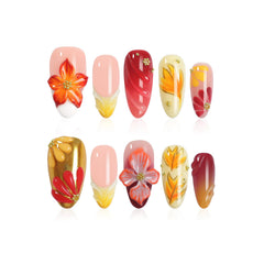 Homsera almond press-on nails with 3D maple leaf flowers for a bold, salon-inspired look.