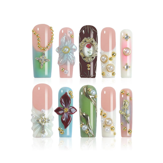 Homsera Lustrous Blossom nails with 3d floral detail for an elegant evening look