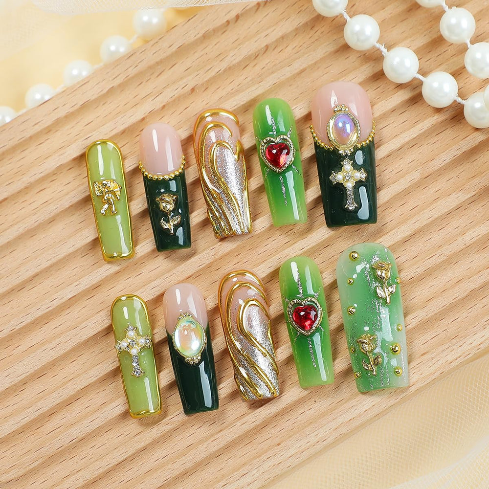 Homsera XL French tip in green and gold glitter for chic, dramatic nail style.
