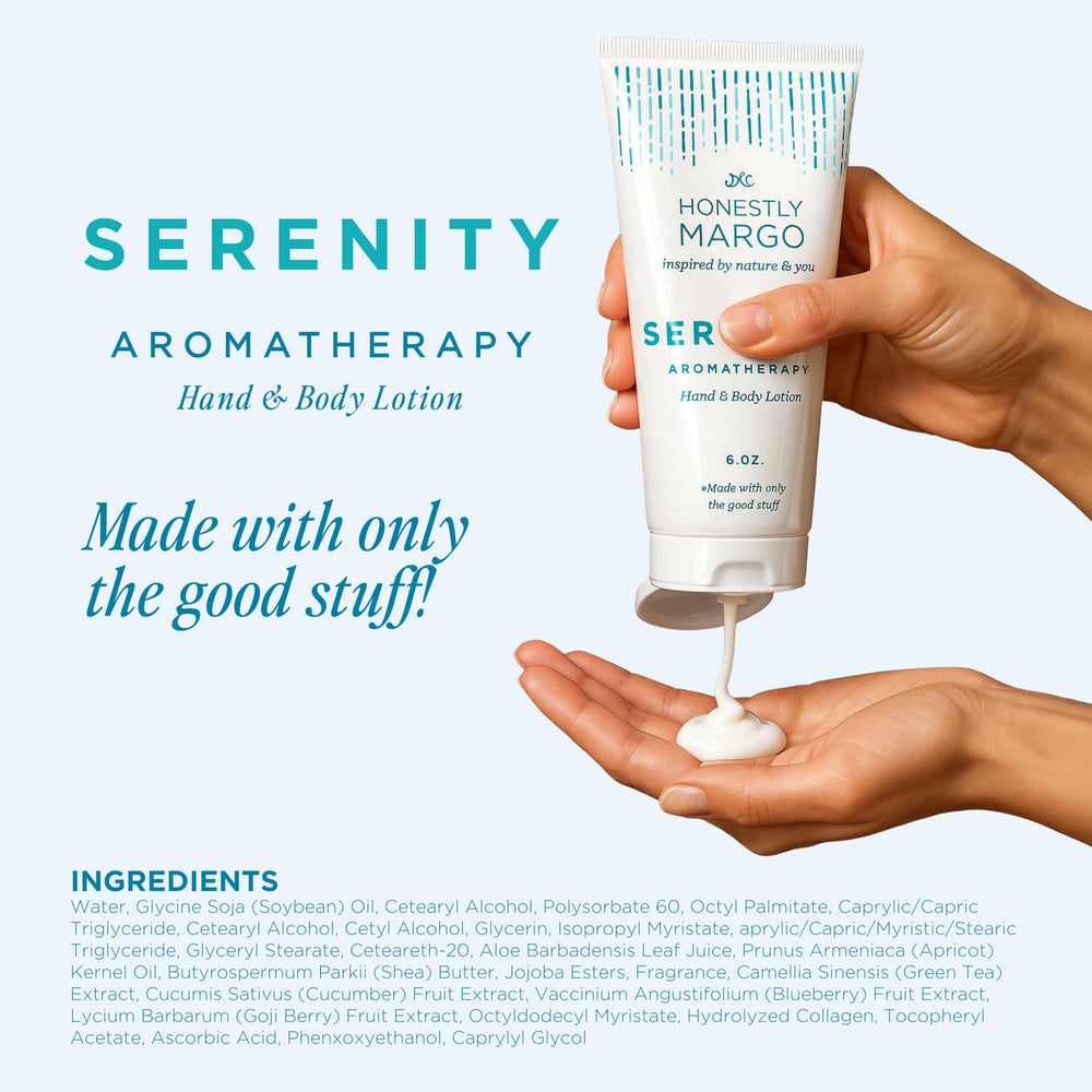 Honestly Margo Aromatherapy Lotion travel-friendly scene conveys soothing hydration on the go