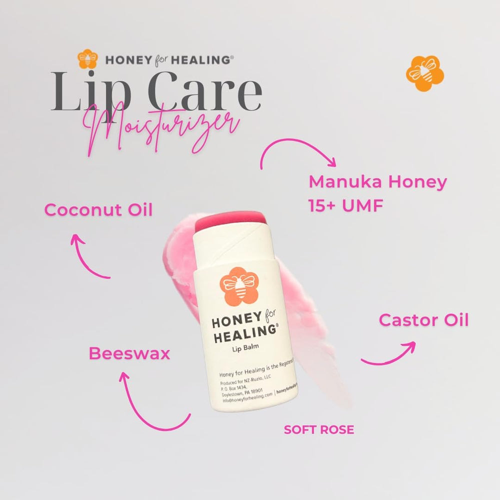 Honey for Healing Manuka Lip Balm Natural tint closeup showcases subtle color and hydration.