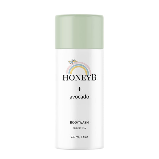 HoneyB Baby Wash-Shampoo avocado oil bottle promotes gentle cleansing for delicate baby skin.