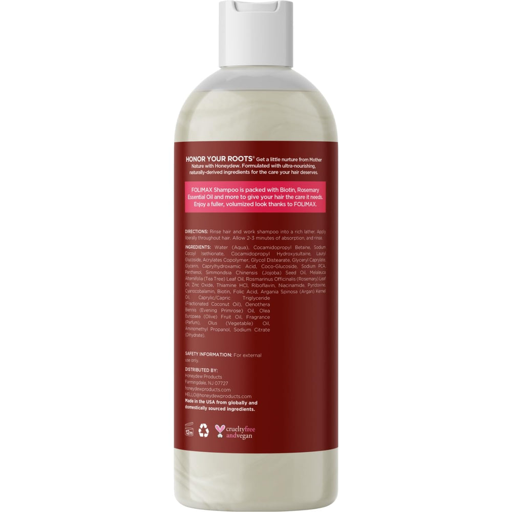 Tea tree oil close-up on HONEYDEW Folimax Biotin Shampoo for refreshing cleanse.