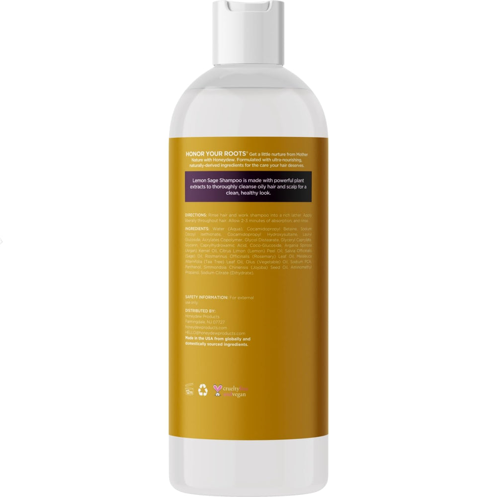 HONEYDEW Lemon Sage Shampoo ingredients image featuring jojoba, tea tree, rosemary