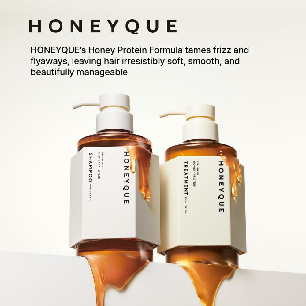 HONEYQUE Deep Repair Moist Shampoo after-wash hair with smooth finish.