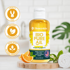Honeyskin Bio Pure Skincare Oil packaging emphasizes clean, toxin-free formula.