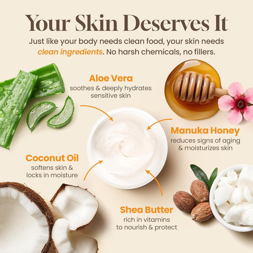 Honeyskin Manuka Honey Body Cream being scooped to moisturize dry skin.