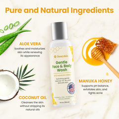Honeyskin Manuka honey bottle with natural ingredients close-up.