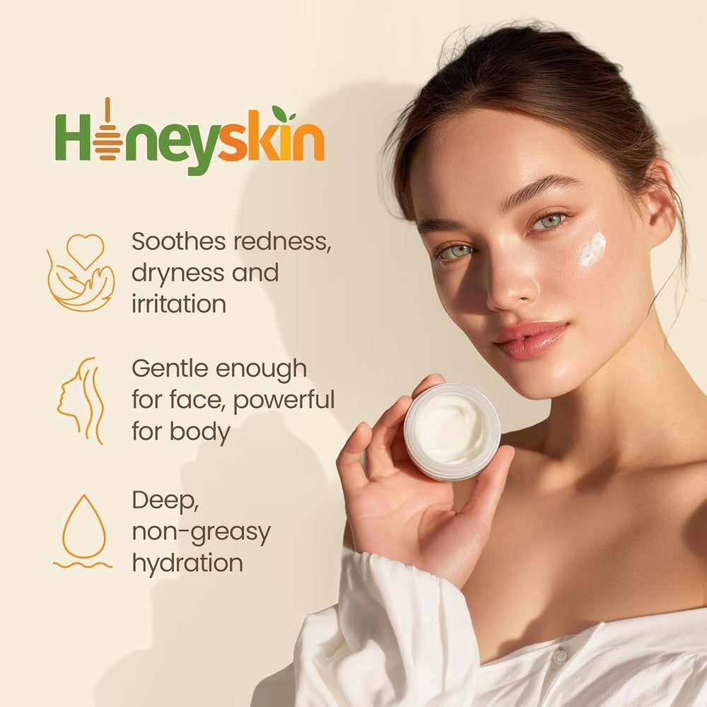 Honeyskin ingredients close-up featuring manuka honey, oats, and aloe.