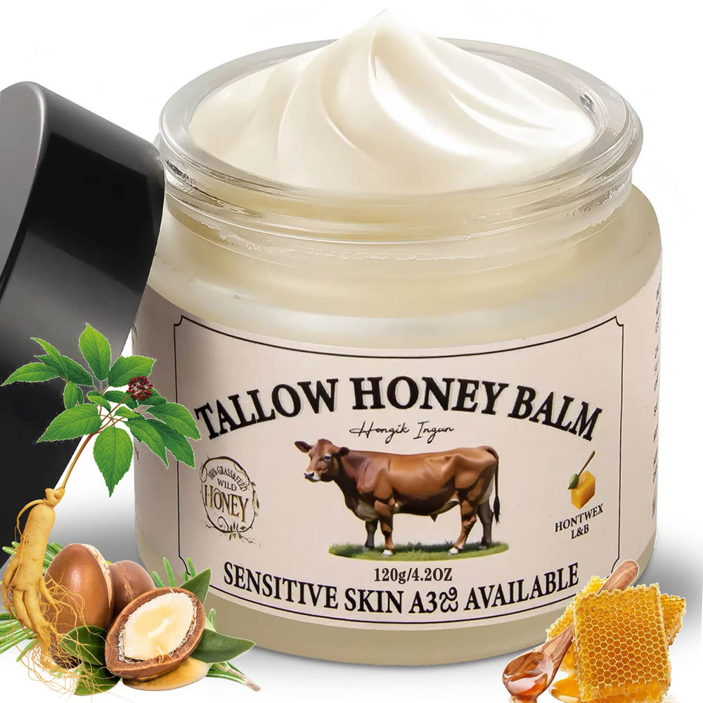 Hongik Ingun beef tallow balm jar closeup highlighting natural ingredients for moisturization.