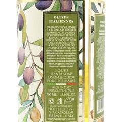 Hopificio Italian Olives hand soap packaging emphasizes premium ingredients and elegant branding