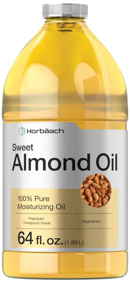 Horbaach Sweet Almond Oil bottle pouring for hair and skin hydration.