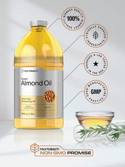 Horbaach Cold-Pressed Almond Oil bottle highlighting vegan non-GMO roots.