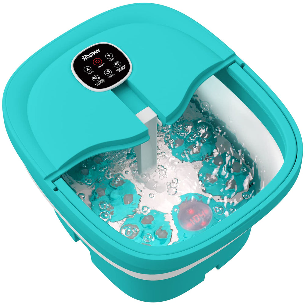 HOSPAN collapsible foot spa folded for compact storage under the sofa.